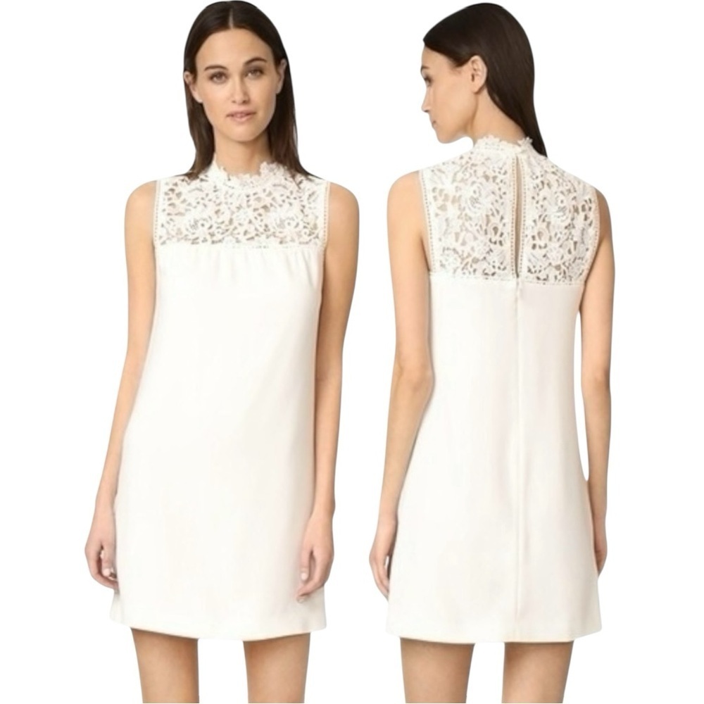 THEORY Aronella Crepe & Embroidered Lace Shift Dress | Ivory Sleeveless Mini 6